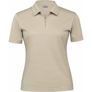 A light beige women's polo shirt with a zippered collar and short sleeves, featuring a logo.