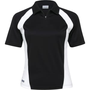 A women's polo shirt in black with white side panels, featuring a zip front and a logo on the left side.