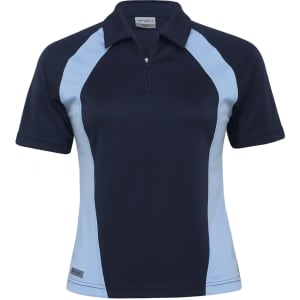 A navy and light blue women's polo shirt featuring a zip neck and logo.