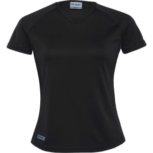 A black women's plain raglan T-shirt with a logo, featuring a fitted design and short sleeves.