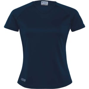 A women's Dri Gear plain raglan tee in navy blue with a logo. The shirt features short sleeves and a v-neck design.