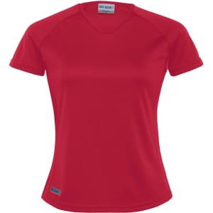 A red women's Dri Gear Plain Raglan Tee with a V-neck design and short sleeves, featuring a logo.