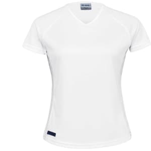 A plain white women's raglan tee with short sleeves and a logo on the side.