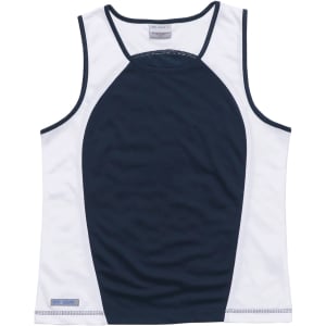 A navy and white women’s singlet with a fitted design and branding on the hem.