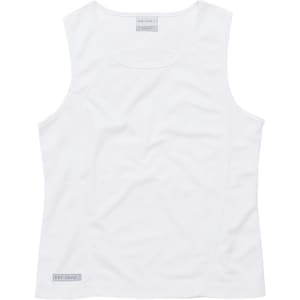 A women's plain white singlet with a light, breathable fabric and a branding logo at the hem.