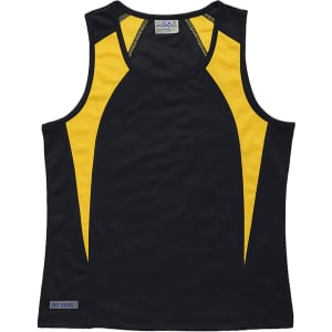 A black and yellow women's singlet featuring a logo on the side and a sporty design.