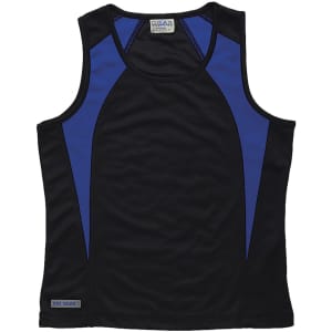 A women's singlet in black with blue spliced accents, featuring a logo on the hem.