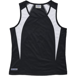 A women's singlet in black with white spliced panels, featuring a logo on the bottom.
