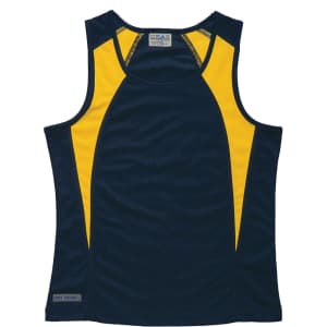 A navy and yellow women's singlet featuring a branded logo and a sporty spliced design.