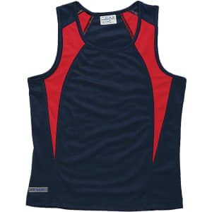 A navy and red women's singlet with a logo, featuring a sporty design and a sleeveless cut.