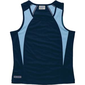 A navy and light blue women's singlet featuring a logo, made from moisture-wicking fabric.