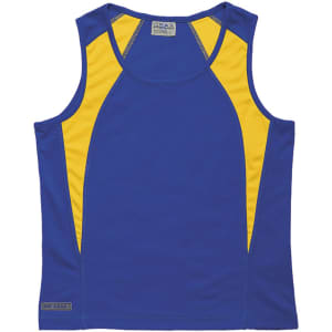 A women's singlet in blue with yellow spliced panels, featuring a branded logo.