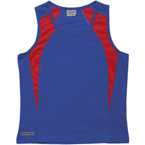 A blue women’s singlet with red spliced detailing, featuring a logo on the hem.
