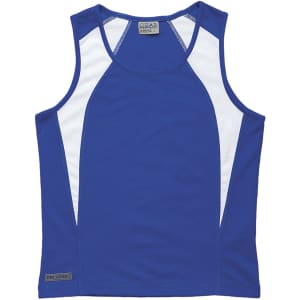A women's singlet in blue with white spliced panels, featuring a logo on the bottom.