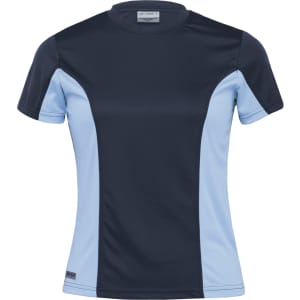 A women's Dri Gear Active Viper Tee featuring navy and light blue panels, with a logo on the front.