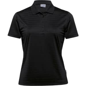 A women's black polo shirt with a textured pattern and a logo on the collar.