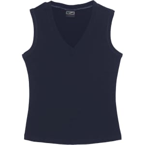 A women's Merino vest in navy blue with a V-neck and sleeveless design. It has a logo on the label.
