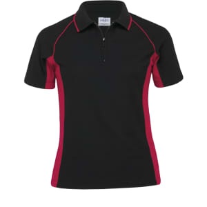 A black women's polo shirt with red accents, featuring a zip collar and a logo on the chest.