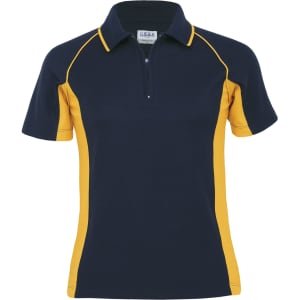 A navy and yellow women's polo shirt featuring a zippered collar and contrast side panels. It has a logo on the chest.