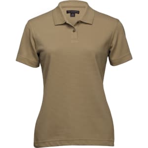 A khaki women's Jacquard Ottoman Balmoral polo shirt with a classic collar and short sleeves. Features a logo.