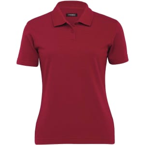 A red women's polo shirt featuring a collared neckline, short sleeves, and a subtle textured pattern. It has a logo on it.