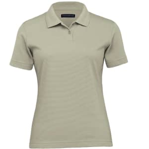A women's polo shirt in a light olive green colour with a classic collar and short sleeves. It features a logo.