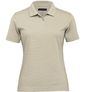 A women's polo shirt in a light beige colour with a collar and short sleeves. The shirt features a logo.