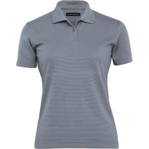 A grey women's polo shirt with a classic collar and short sleeves, featuring a small logo.