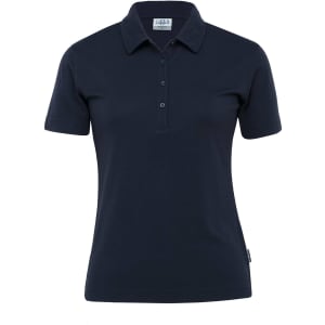 Navy blue women's polo shirt with a collar and button placket, featuring a logo on the garment.
