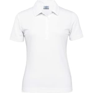 A women's white eco polo shirt featuring a collar, buttons, and a logo. Suitable for casual or professional wear.