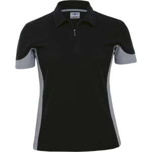 A women's polo shirt in black with grey accents, featuring a zip neckline and a logo on the chest.