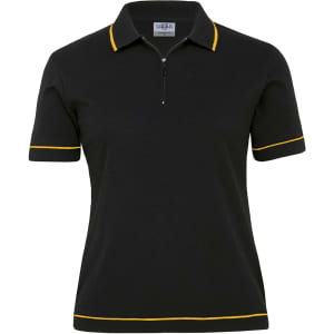 A women's black polo shirt featuring yellow trim and a zippered collar, with a logo on the chest.
