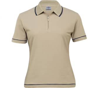 A women's retro waffle polo shirt in beige with navy trim and a zippered collar, featuring a logo on the chest.