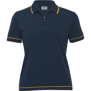 A navy blue women's polo shirt featuring yellow trim and a zippered collar. It has a logo on the chest.