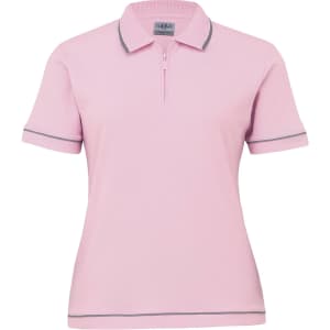 A pink women's polo shirt with short sleeves and grey trim, featuring a collar and a zip. It has a logo.