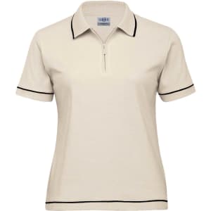A cream women's polo shirt with black trim and a zip collar, featuring a logo.