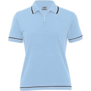 A light blue women's polo shirt with black trim and a zip collar. The shirt features a logo on the chest.