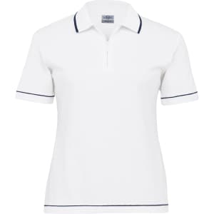 A white women's polo shirt with short sleeves and navy trim, featuring a zip collar and a logo.