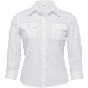 A white women's button-up shirt with long sleeves and two front pockets, featuring a logo on the label.