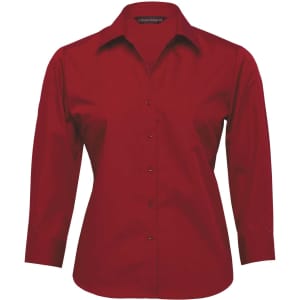 A red button-up shirt for women with long sleeves and a collar, featuring a logo.