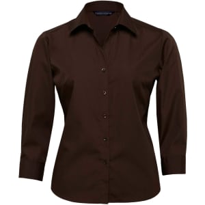 A brown button-up shirt for women featuring a collar and long sleeves, with a branding logo on the inside.