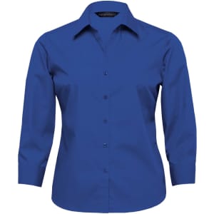 A blue button-up women's shirt with a collar and long sleeves, featuring a logo.
