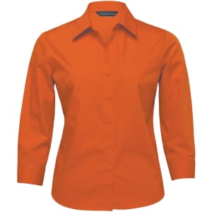 An orange women's button-up shirt with long sleeves and a collar, featuring a logo at the neckline.