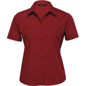 A women's short-sleeved button-up shirt in a rich red colour, featuring two chest pockets and a logo.