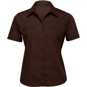 A brown button-up shirt featuring short sleeves and two chest pockets. The design includes a logo.