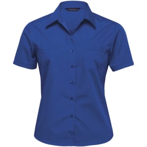 A blue button-up shirt for women with short sleeves and two chest pockets. It features a logo on the collar.
