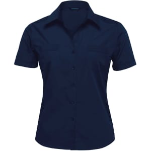 A button-up women's shirt in navy blue with short sleeves and a fitted design, featuring a logo on the collar.