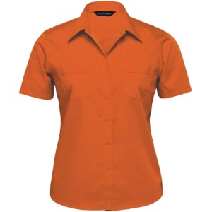An orange women's button-up shirt with short sleeves and two front pockets. Features a logo on the label.