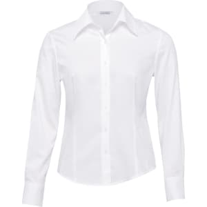 A white women's button-up shirt with a classic collar and long sleeves, featuring a logo.