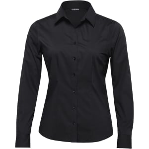 A black button-up shirt for women with long sleeves and a collar, featuring a logo on the label.